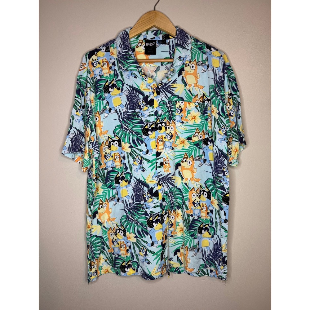 Bluey Heeler Family Tropical Hawaiian‎ Button Down Shirt Mens Large Rayon Blue